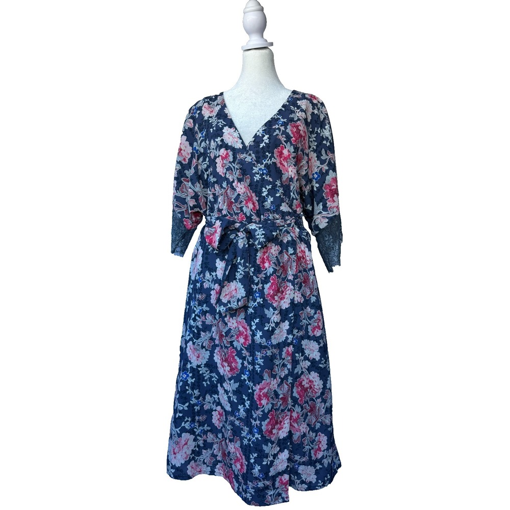 Ella Moon Wrap Dress Medium Blue Pink  Lace‎ Cuff Romantic Cottagecore Boho Chic